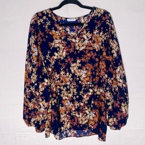Chicsoul.com Navy Blue Orange Cream Floral Bubble Sleeve V Neck Blouse 3XL